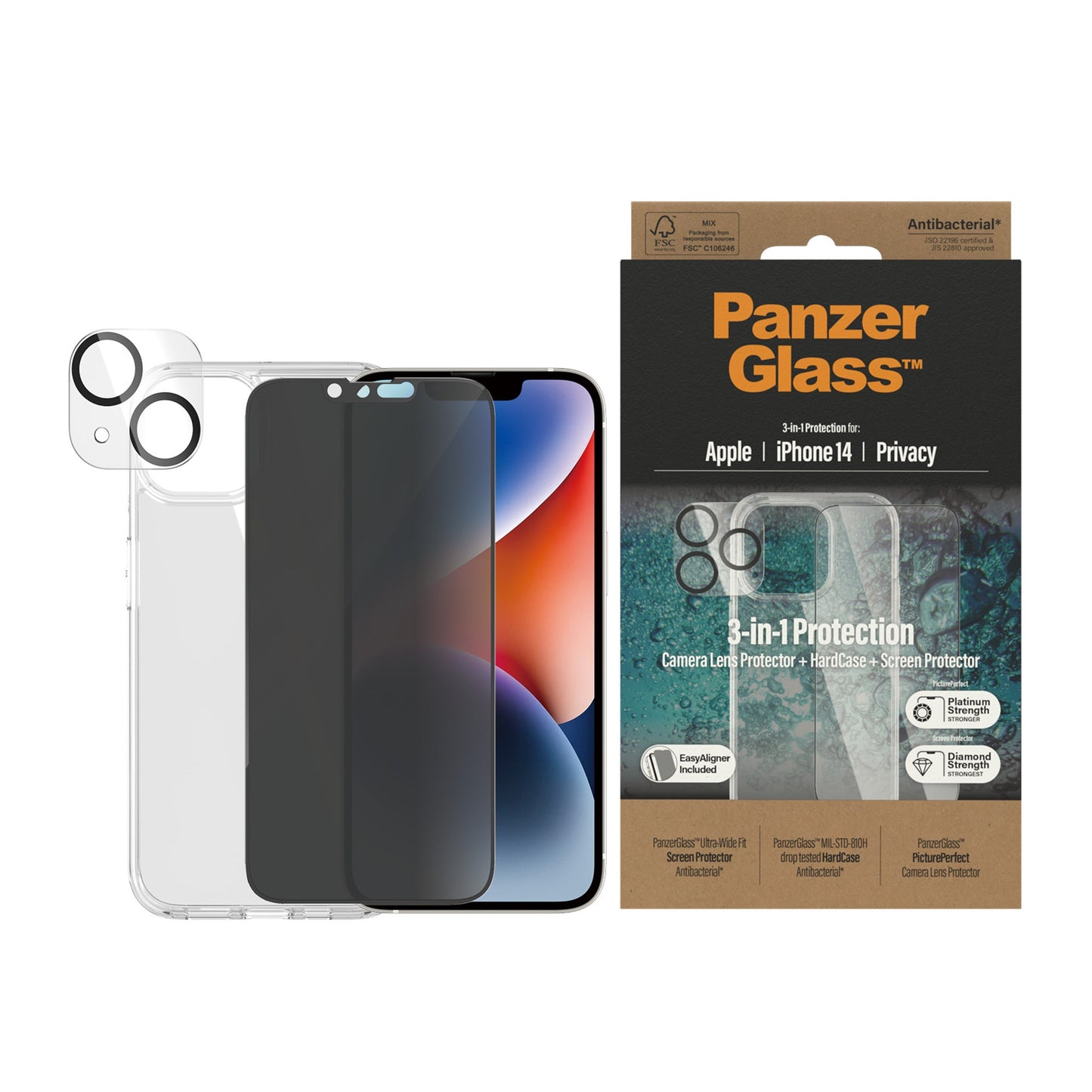 PanzerGlass™ 3-in-1 Privacy Protection Pack iPhone 14 2